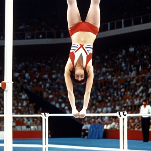 Nadia Comăneci performing her iconic uneven bars routine at the 1976 Montreal Olympics, receiving a perfect