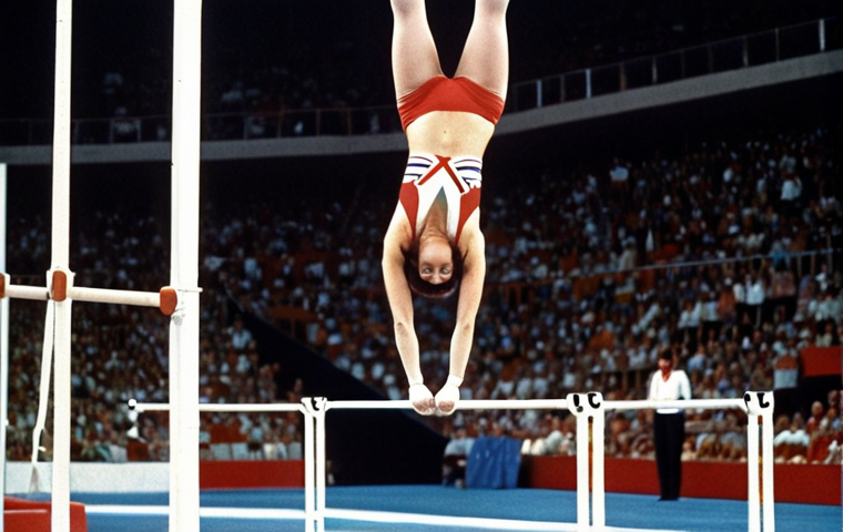 Nadia Comăneci performing her iconic uneven bars routine at the 1976 Montreal Olympics, receiving a perfect