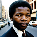 A professional portrait of a determined young Nelson Mandela in his early political career, wearing a modest, professional dark suit and tie, standing confidently. The background subtly depicts a bustling South African city street with diverse people, suggesting a scene of social change and public awareness. His expression conveys strong conviction and hope. The lighting is natural and bright, capturing a sense of historical significance. Safe for work, appropriate content, fully clothed, professional, perfect anatomy, correct proportions, natural pose, well-formed hands, proper finger count, natural body proportions, high-quality, realistic photography.