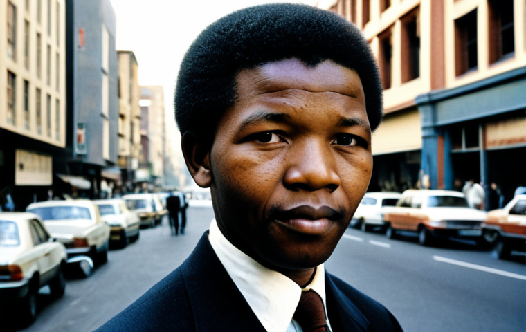 A professional portrait of a determined young Nelson Mandela in his early political career, wearing a modest, professional dark suit and tie, standing confidently. The background subtly depicts a bustling South African city street with diverse people, suggesting a scene of social change and public awareness. His expression conveys strong conviction and hope. The lighting is natural and bright, capturing a sense of historical significance. Safe for work, appropriate content, fully clothed, professional, perfect anatomy, correct proportions, natural pose, well-formed hands, proper finger count, natural body proportions, high-quality, realistic photography.